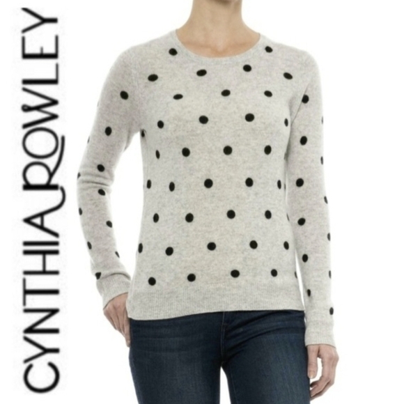 Cynthia Rowley Women's Gray Polka Dot Crewneck Sweater Top L 100% 2-ply Cashmere - Picture 1 of 8
